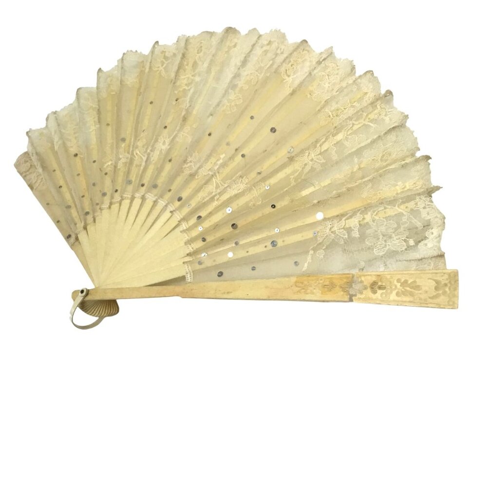 ANTIQUE Women Lace Folding Fan Sequins Embroidered Tulle Wooden Frame Repairable